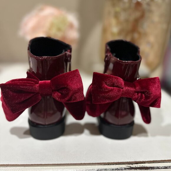 🆕Girls Wine Red Faux Leather Ankle Bow Chunky Low Heel Side Zipper Dress Boot - Picture 2 of 8